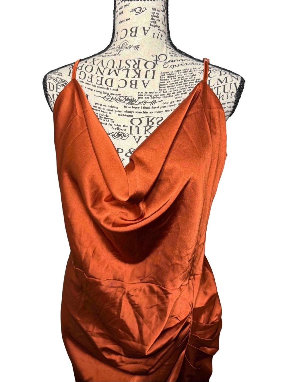 LYANER SEXY Burnt Orange Satin Cowl Neck Ruched Midi Dress XXL - Picture 3 of 8